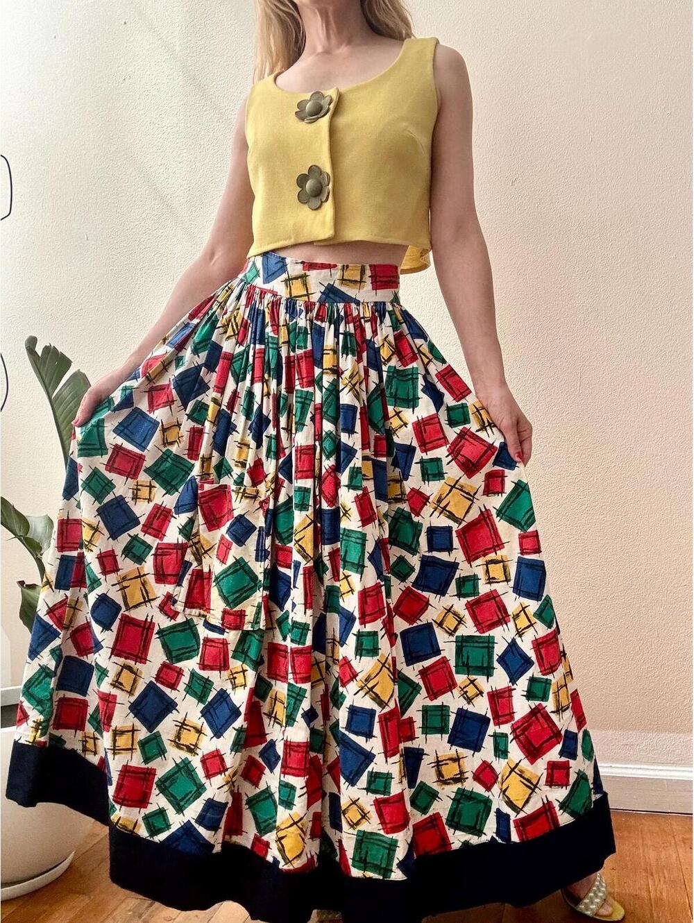 Vintage 1950s Colorful Cotton Maxi Skirt